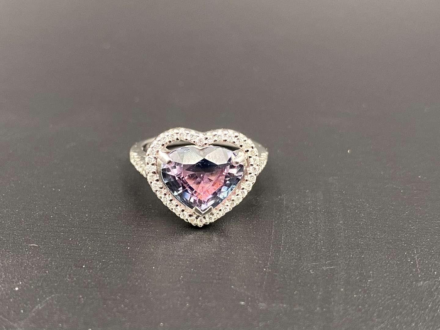 <p>Heart shaped pink/blue, bi color Tourmaline & Diamond 18ct white gold ring</p>