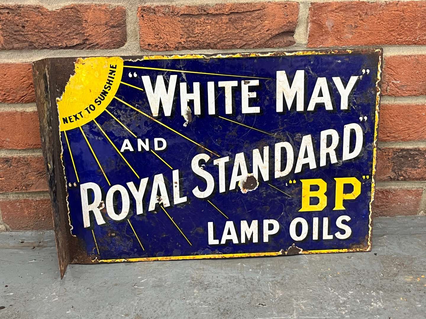 <p>White May and Royal Standard BP Lamp Oils Enamel Flange Sign</p>