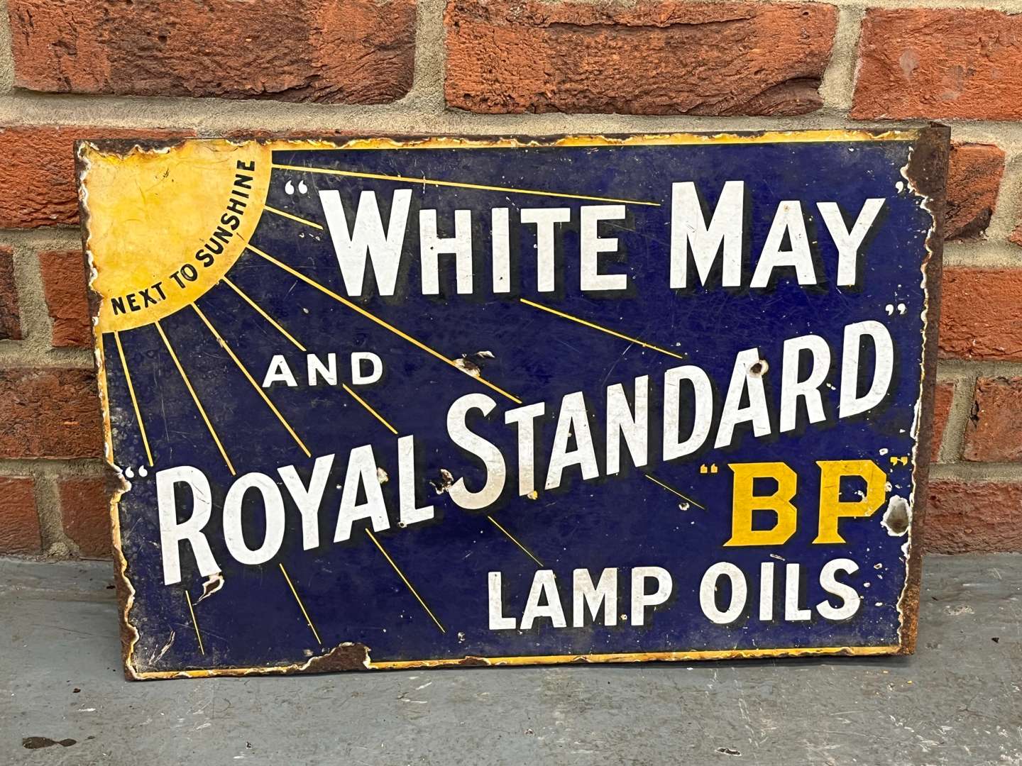 <p>White May and Royal Standard BP Lamp Oils Enamel Flange Sign</p>