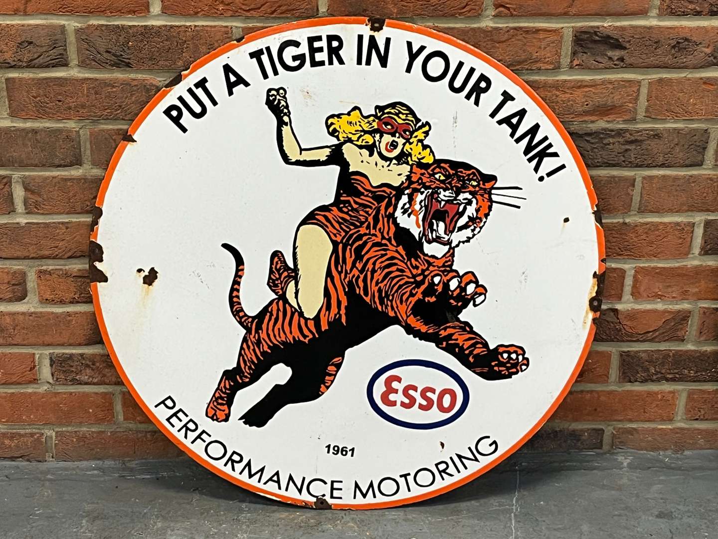 <p>Esso “Put a Tiger in Your Tank” Circular Enamel Sign</p>