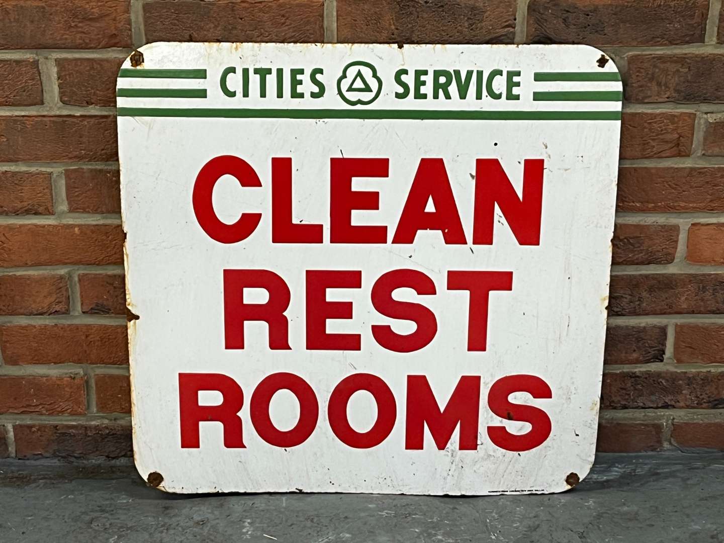 <p>Cities Service Clean Rest Rooms Enamel Sign</p>