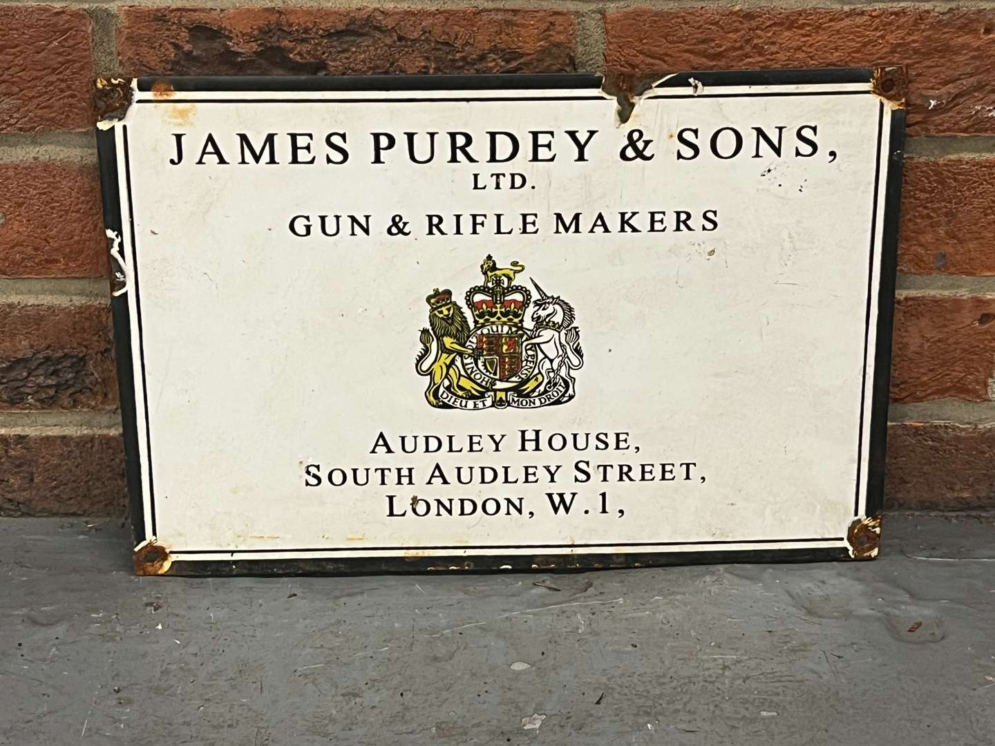 <p>James Purdey and Sons Gun and Rifle Makers Enamel Sign</p>