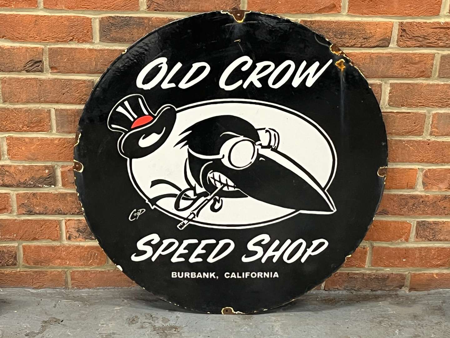 <p>Old Crow Speed Shop Circular Enamel Sign&nbsp;</p>