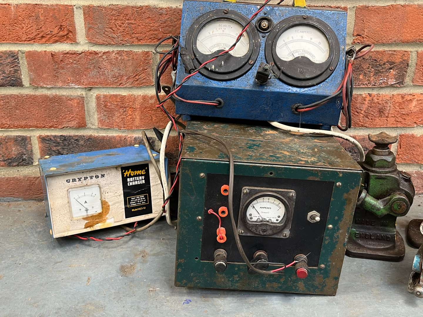 <p>Mixed Lot Of Amp Meters and Three Vintage Bottle Jacks</p>