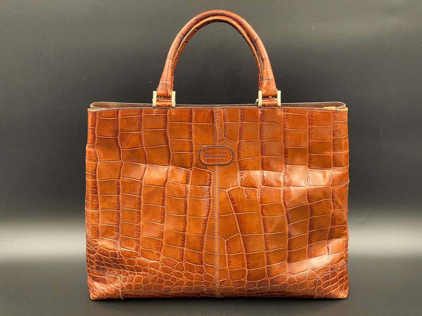 <p>BALLY, brown crocodile embossed leather tote bag</p>