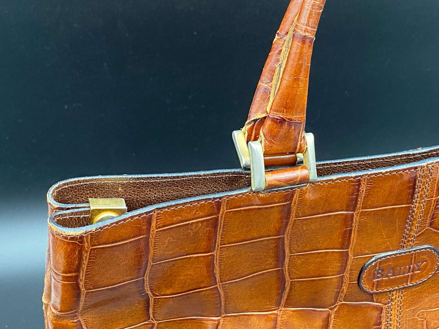 <p>BALLY, brown crocodile embossed leather tote bag</p>
