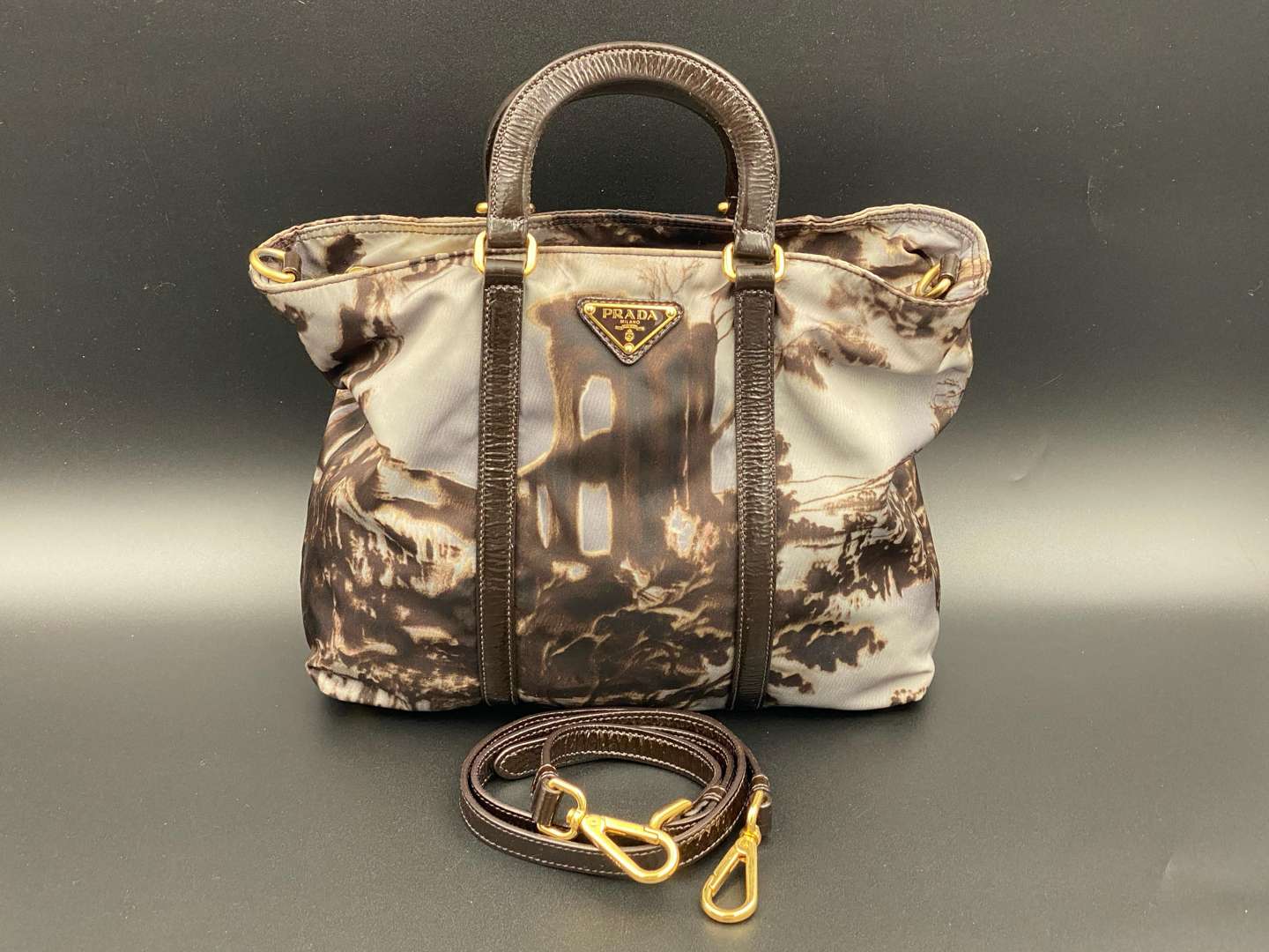 <p>PRADA, Tessuto Temple printed nylon tote, with cross body strap,</p>