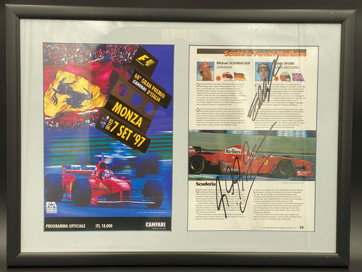 <p>F1, MONZA, 1997, framed and &nbsp;signed race programme with COA</p>