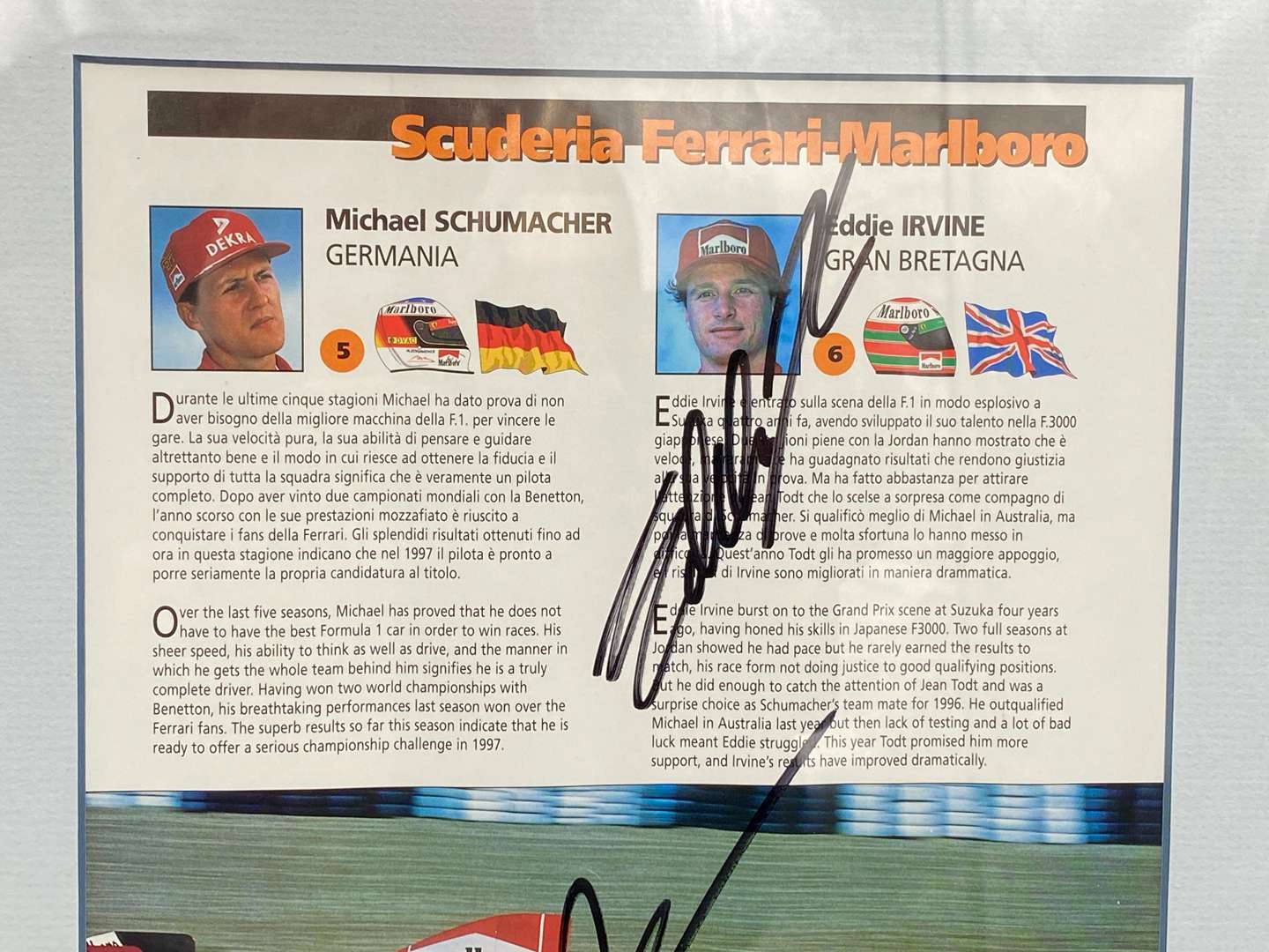<p>F1, MONZA, 1997, framed and &nbsp;signed race programme with COA</p>