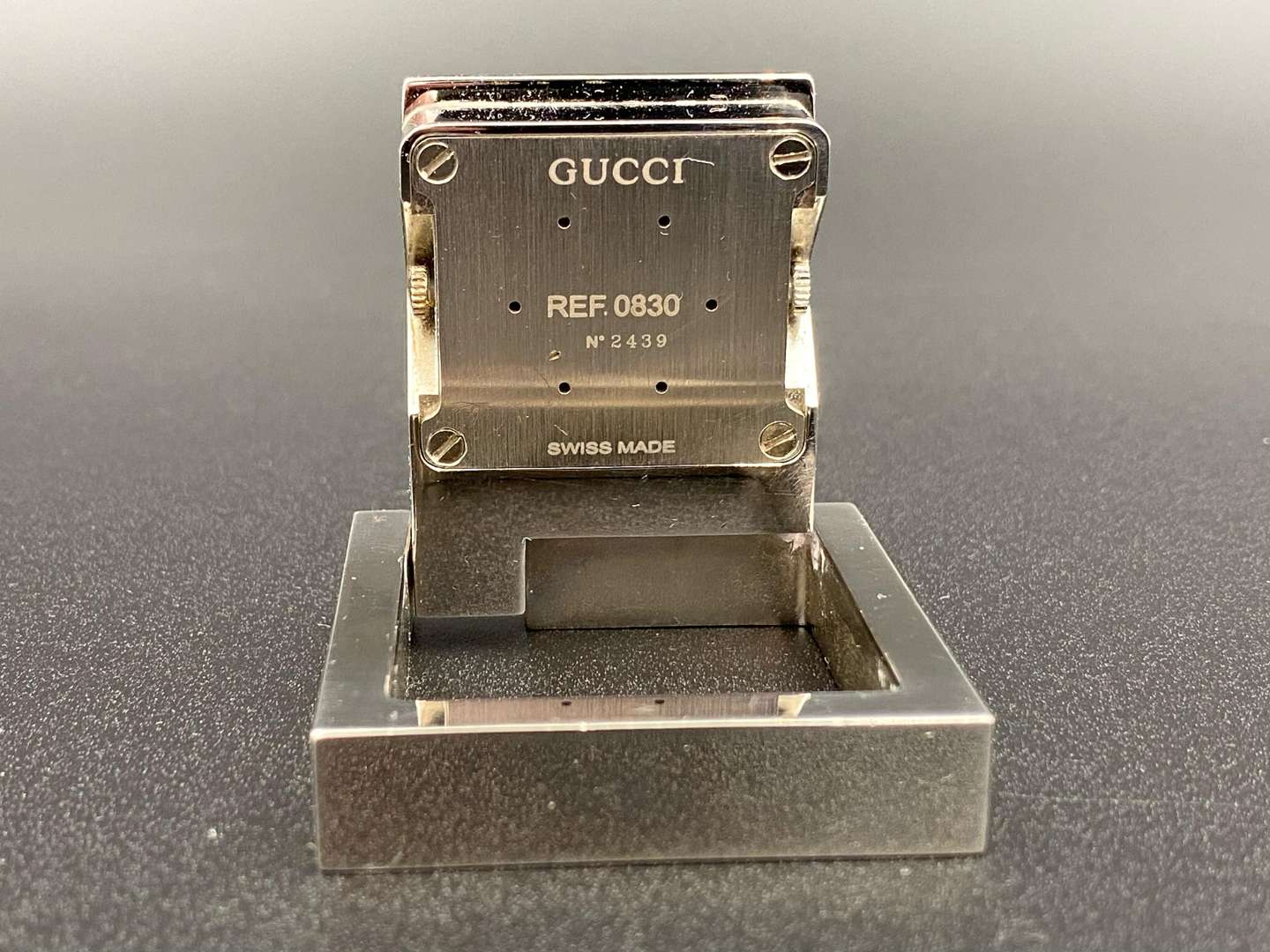 <p>GUCCI, a chromed quartz alarm clock, Ref 0830, No2439</p>