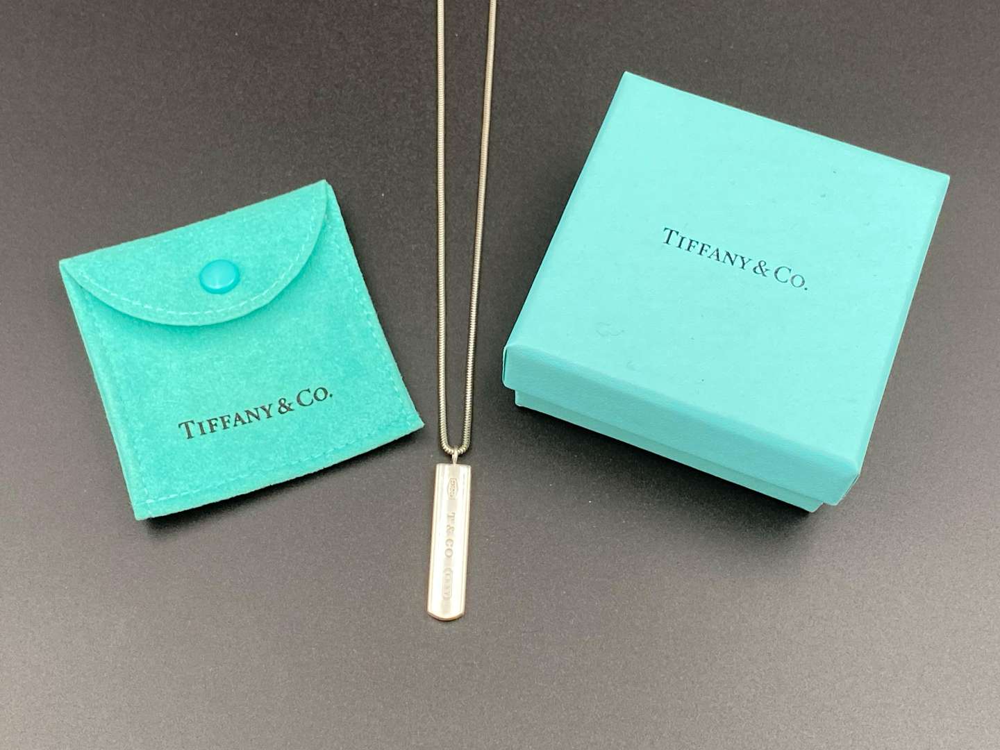<p>TIFFANY & CO, .925 silver “1837”ingot pendent and snake link necklace.</p><p><br>&nbsp;</p>