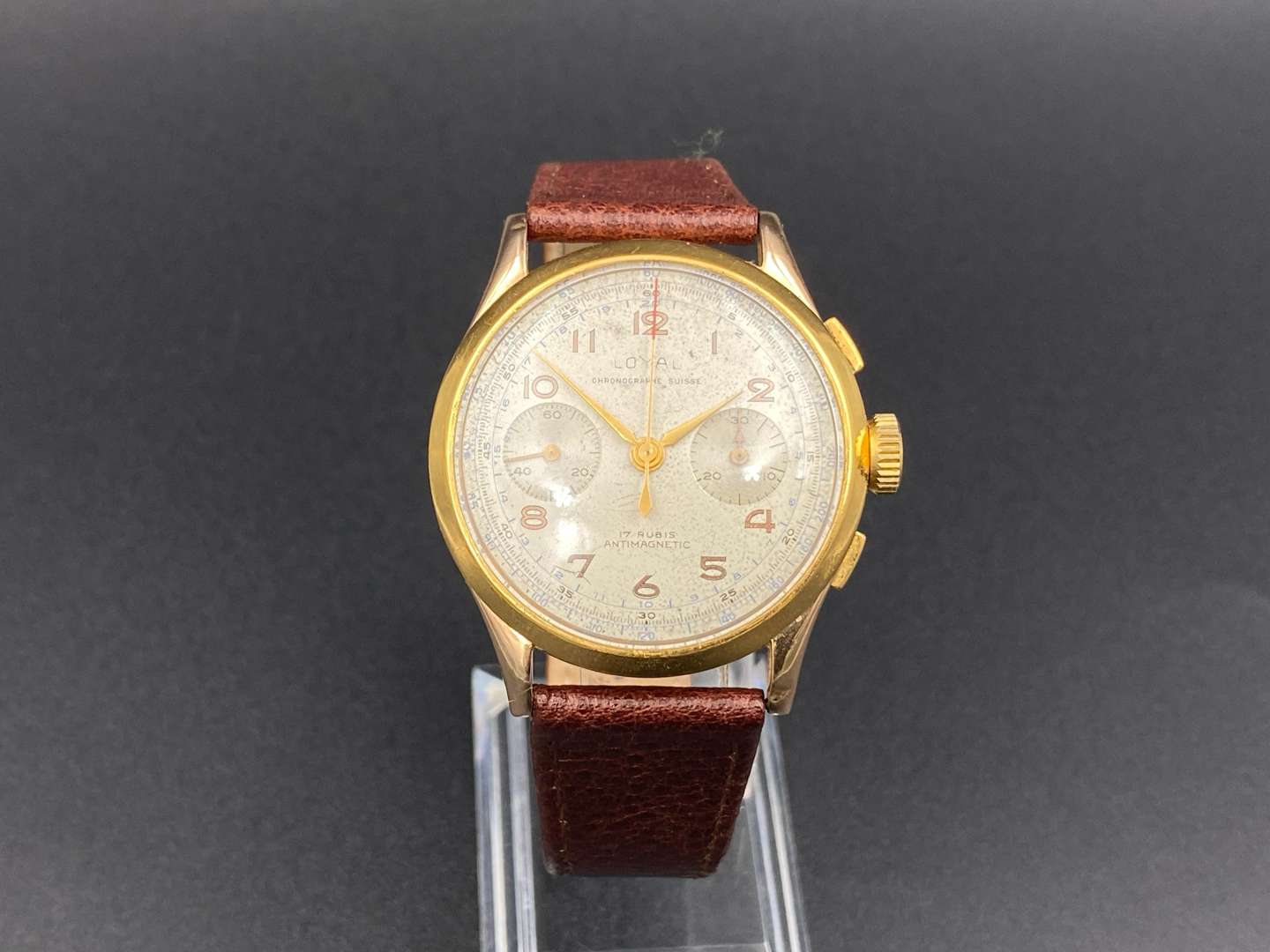 <p>LOYAL, Chronographe Suisse, 18K and gilt two button chronograph wristwatch,&nbsp;</p>