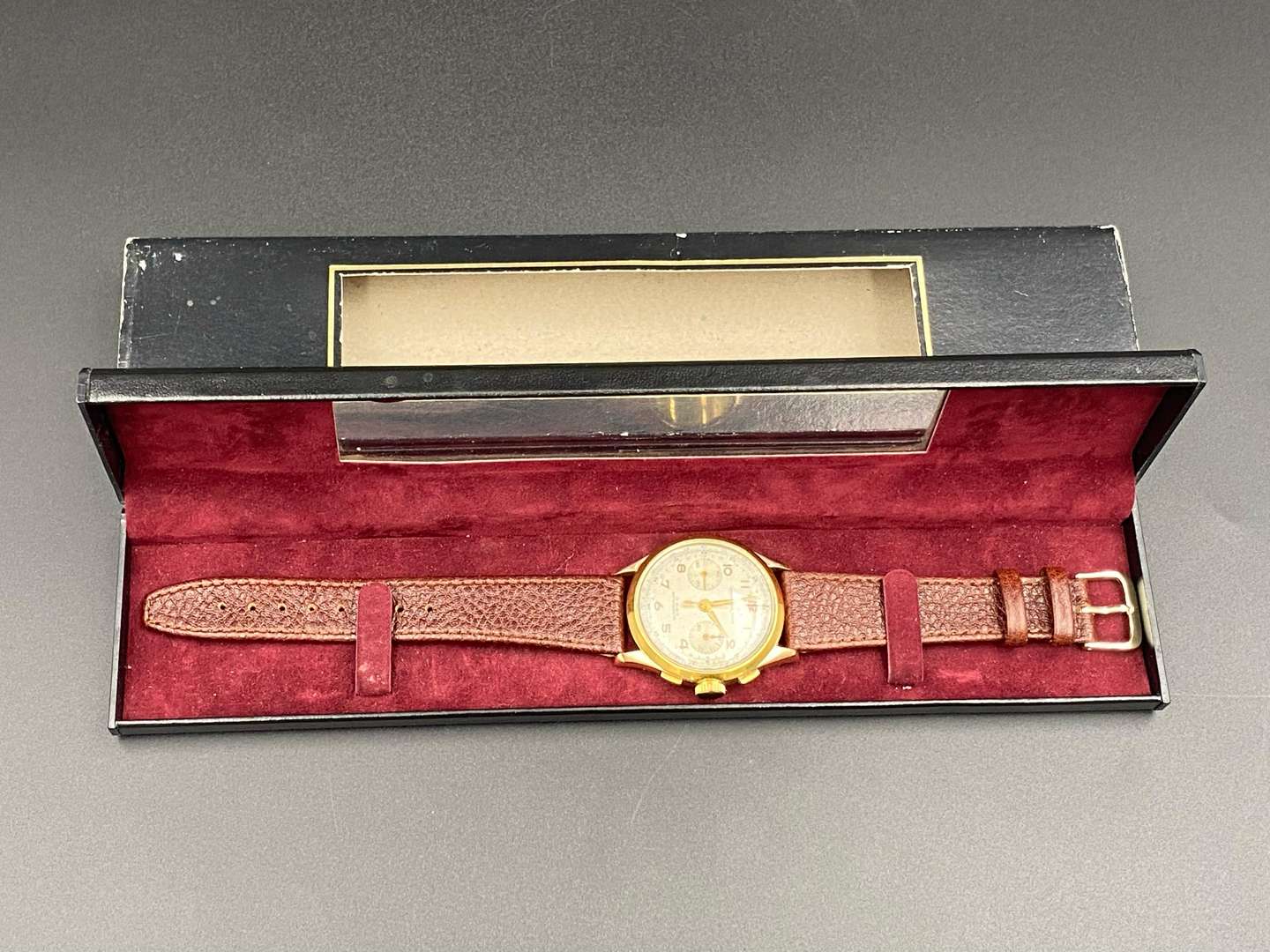 <p>LOYAL, Chronographe Suisse, 18K and gilt two button chronograph wristwatch,&nbsp;</p>