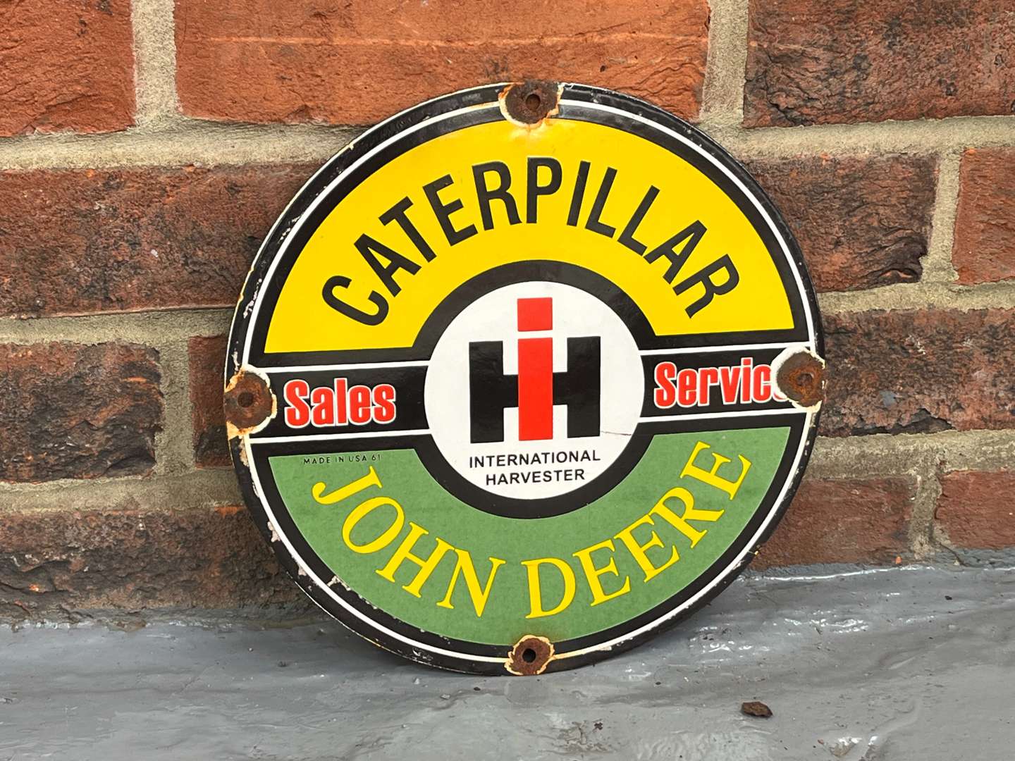 <p>Caterpillar and John Deere Sales and Service Enamel Sign&nbsp;</p>