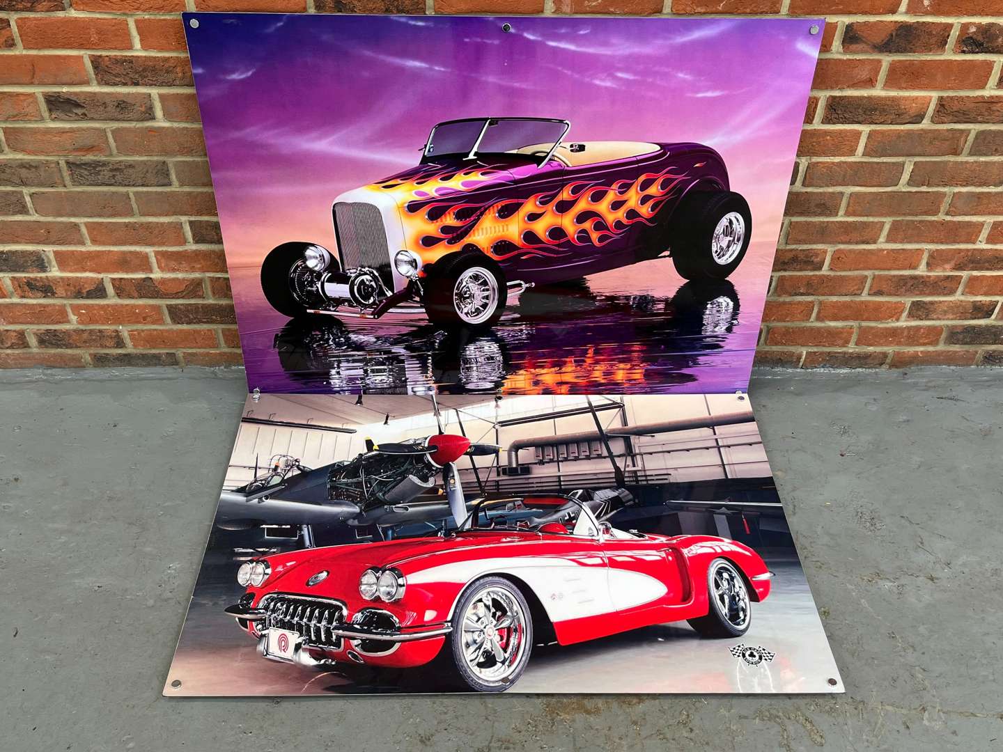 <p>Two Aluminum Display Boards of a Hot Rod and Corvette&nbsp;</p>