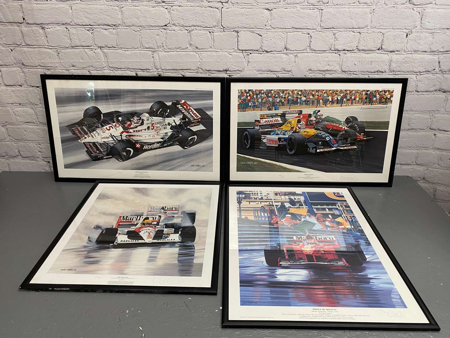 <p>Four various framed Colin Carted F1 related prints</p>