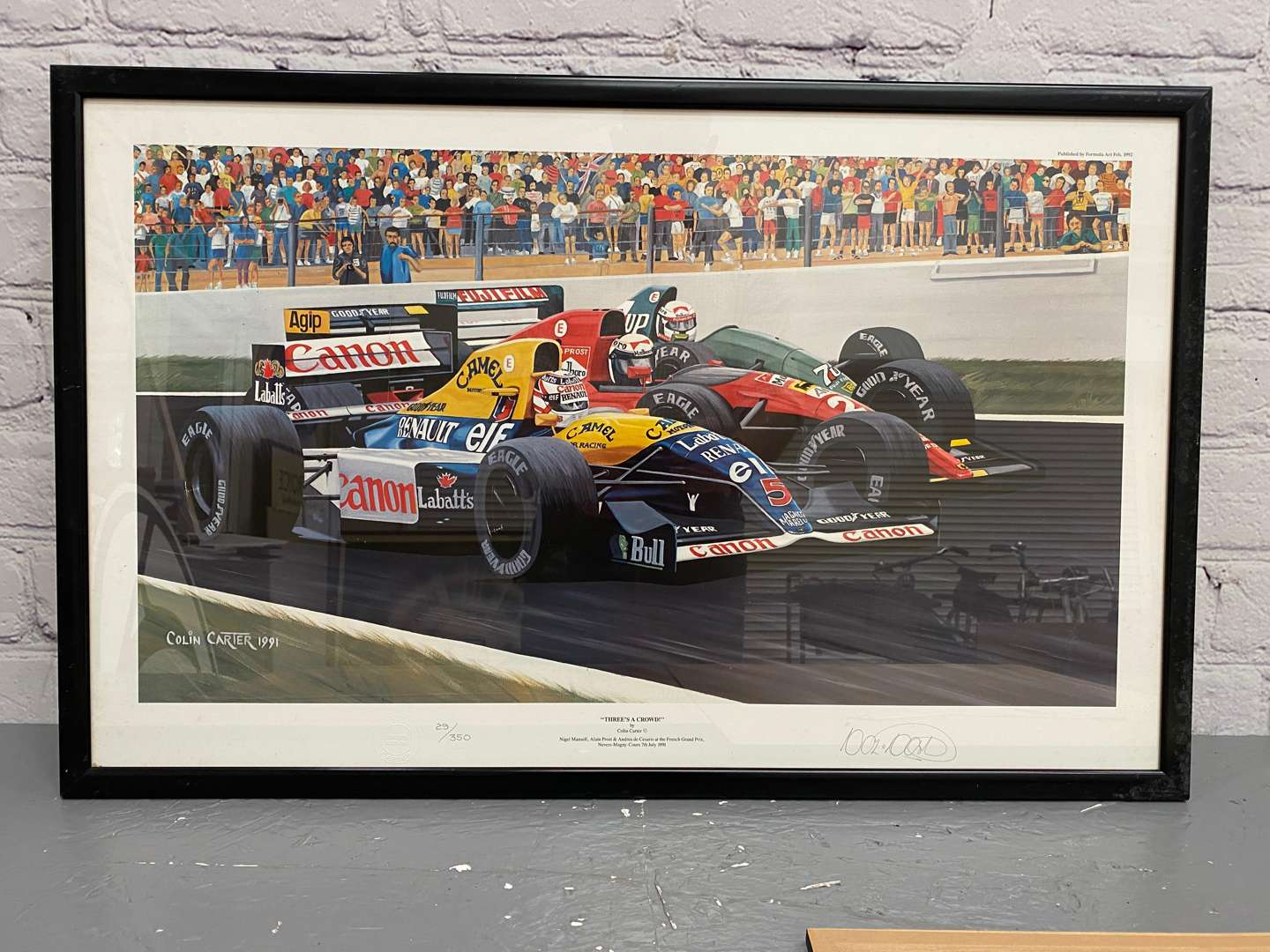 <p>Four various framed Colin Carted F1 related prints</p>