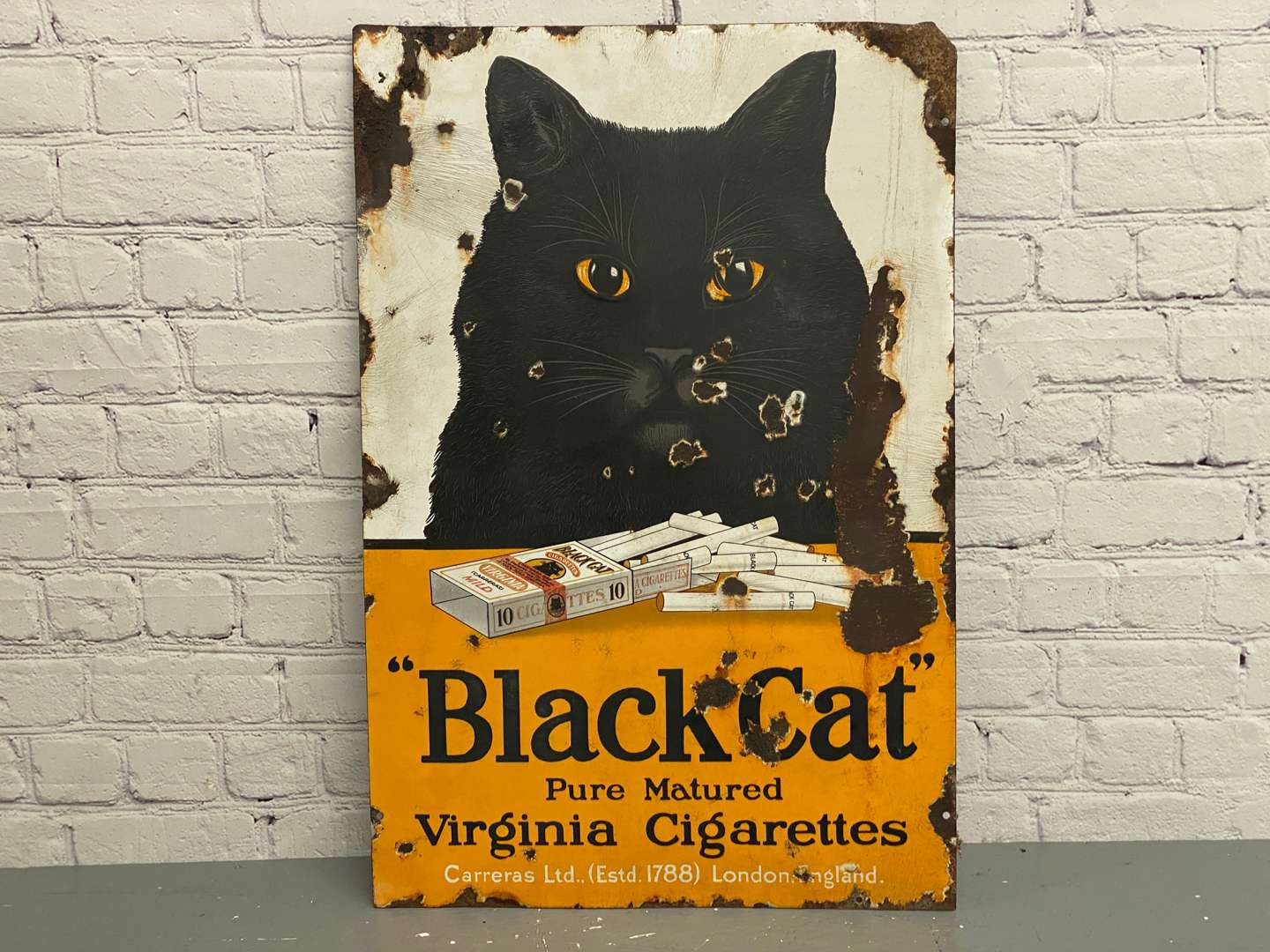 <p>Black Cat, Virginia Cigarettes, a 1930's, original enamel and steel sign,</p>