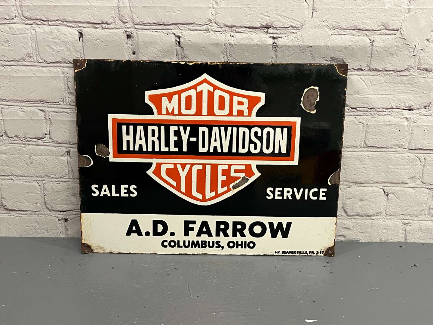 <p>Harley-Davidson Motorcycles AD Farrow Enamel Sign</p>