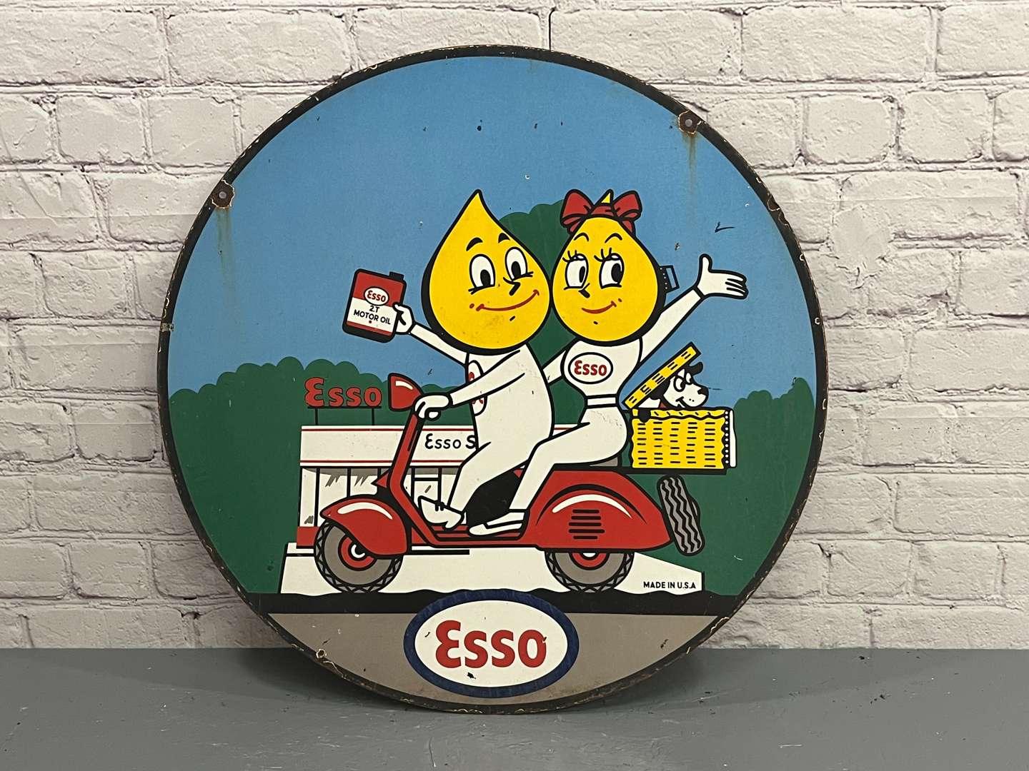 <p>Esso Mr and Mrs Drip Circular Enamel Sign</p>