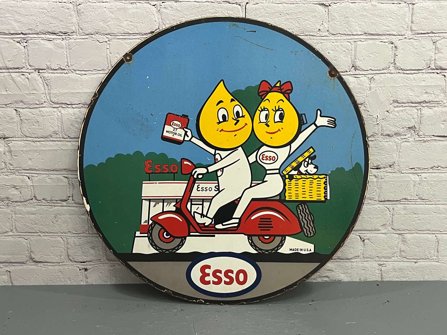 <p>Esso Mr and Mrs Drip Circular Enamel Sign</p>