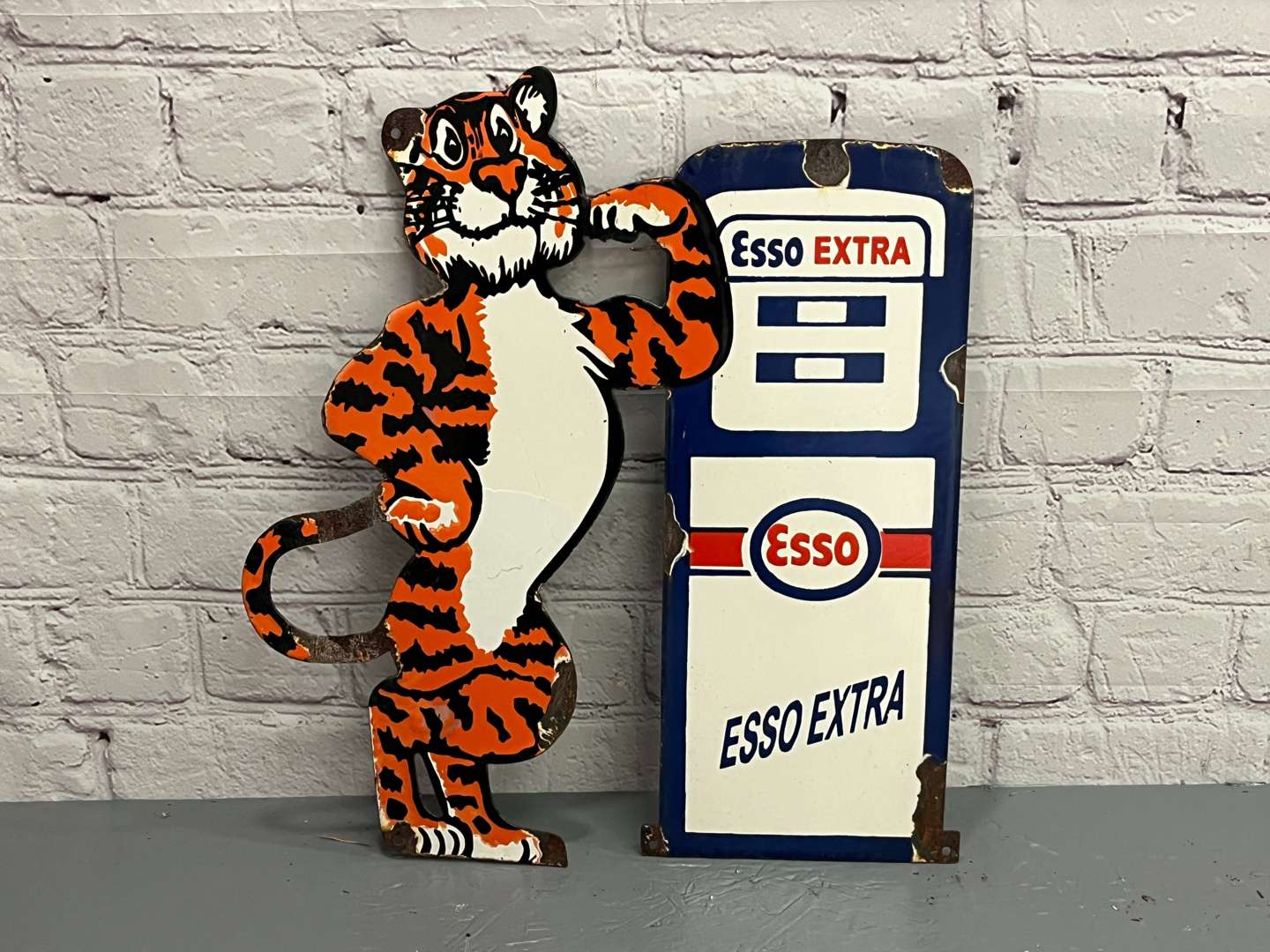 <p>Esso Extra Tiger and Petrol Pump Enamel Sign</p>