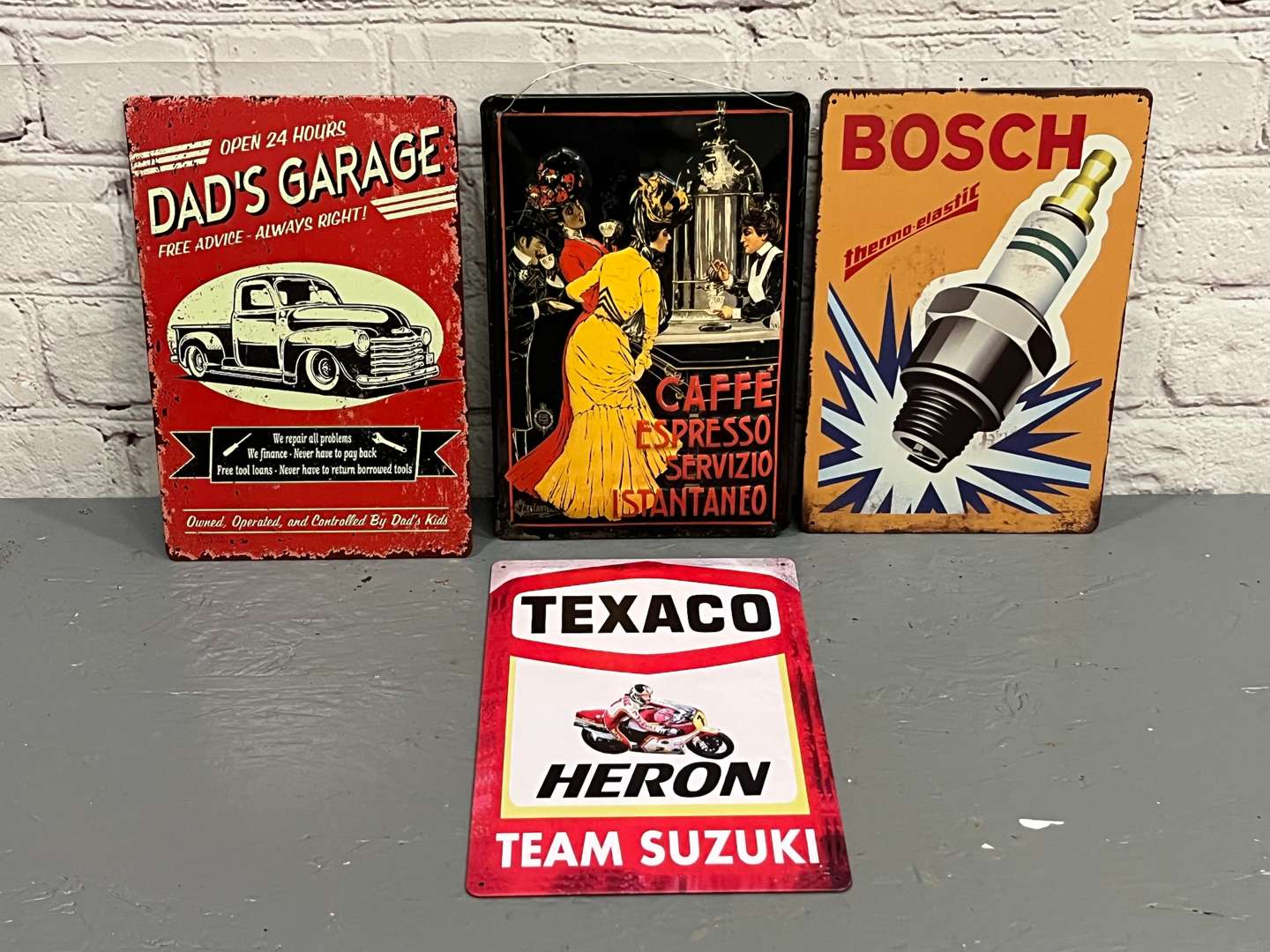 <p>French Cafe Pressed Tin Sign and Three Reproduction Signs (4)</p>