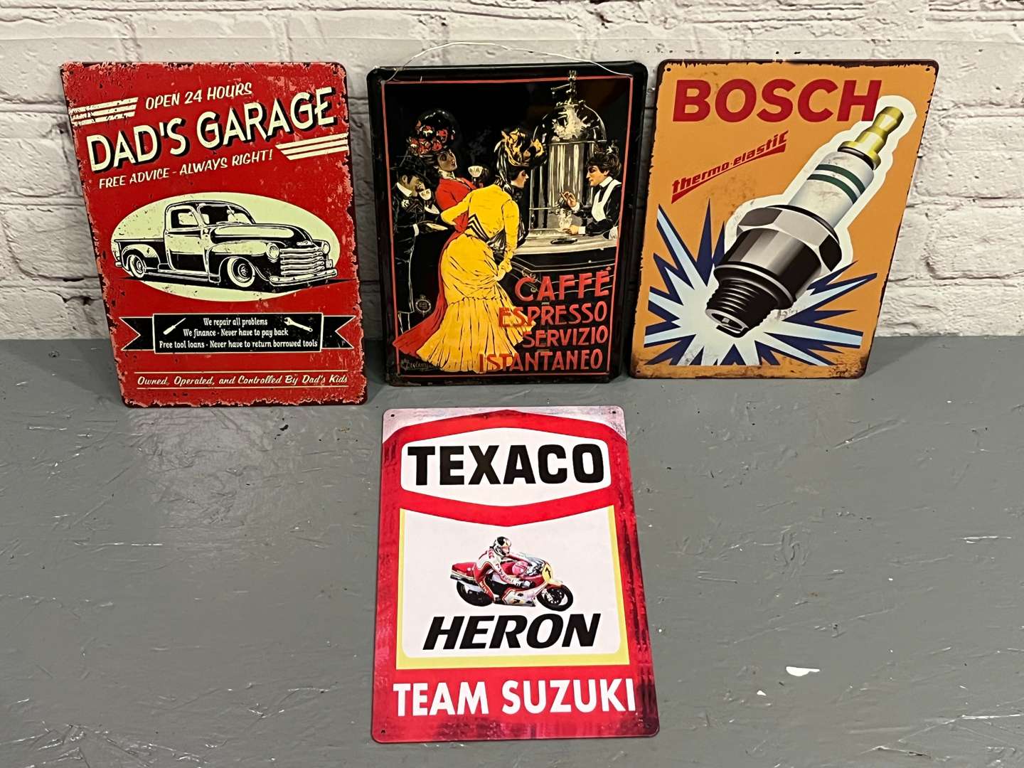 <p>French Cafe Pressed Tin Sign and Three Reproduction Signs (4)</p>