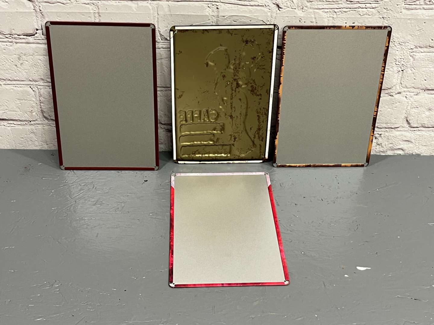 <p>French Cafe Pressed Tin Sign and Three Reproduction Signs (4)</p>