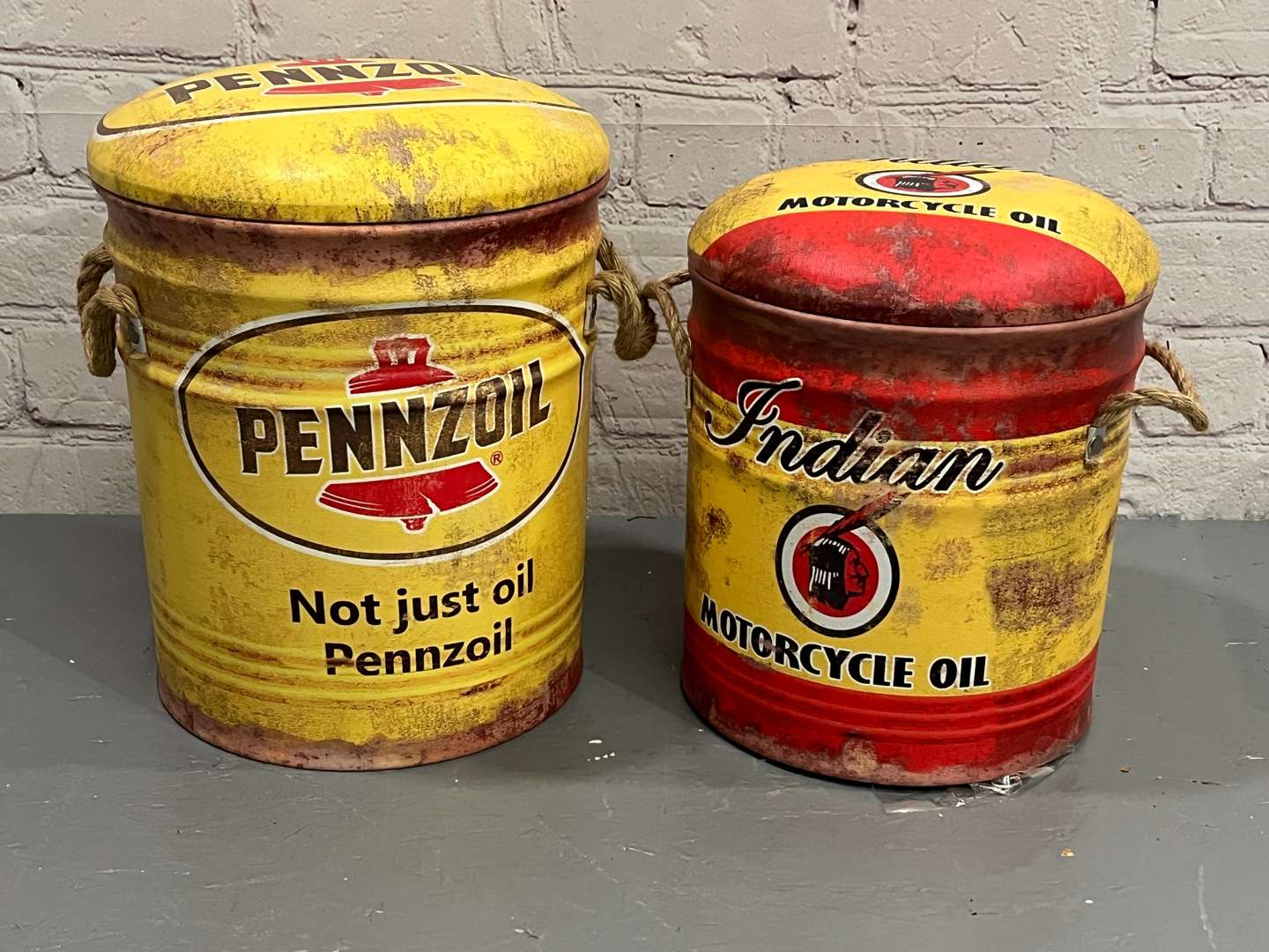 <p>Indian Motorcycles and Pennzoil Small Reproduction Stools (2)</p>