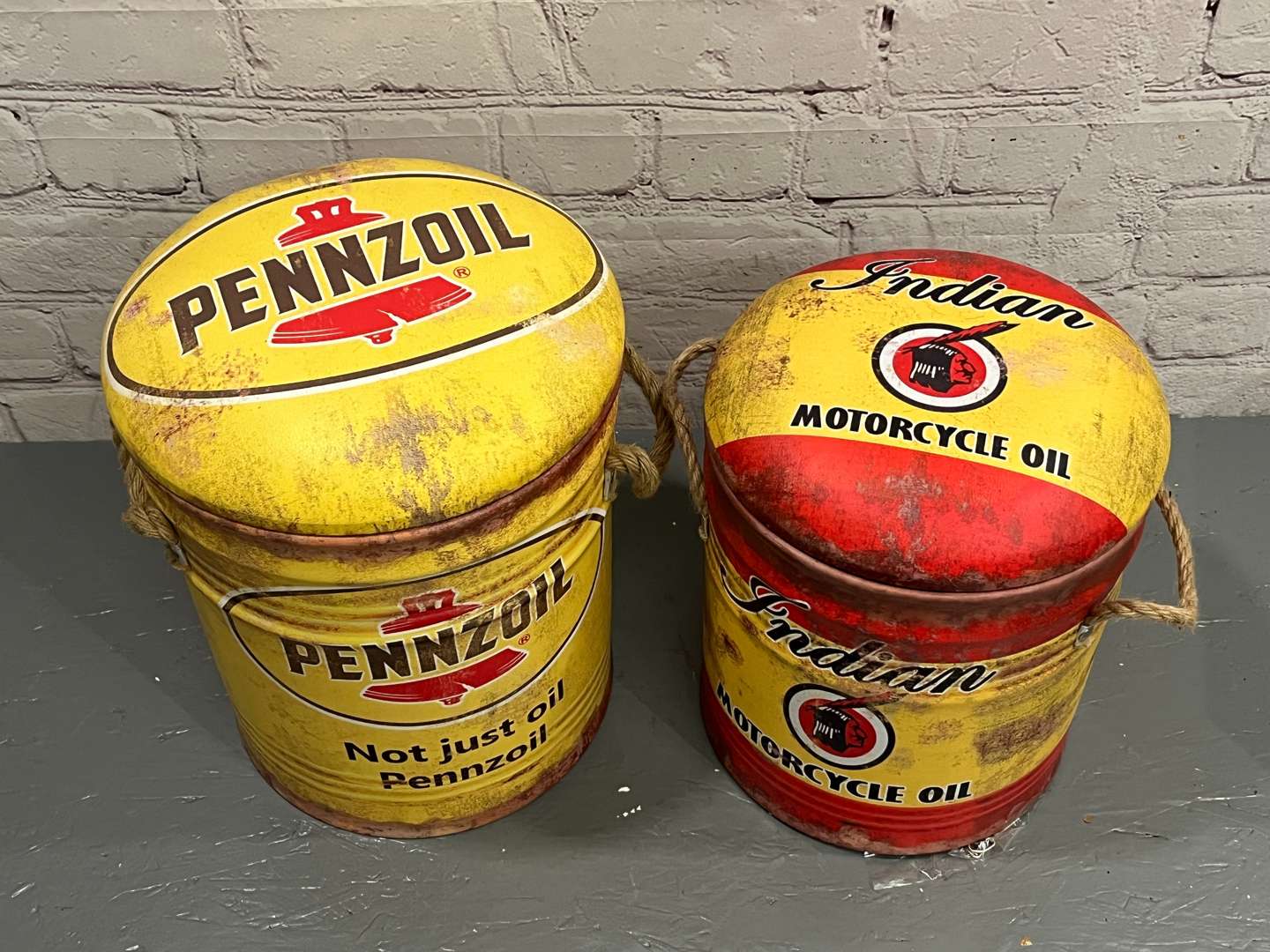 <p>Indian Motorcycles and Pennzoil Small Reproduction Stools (2)</p>