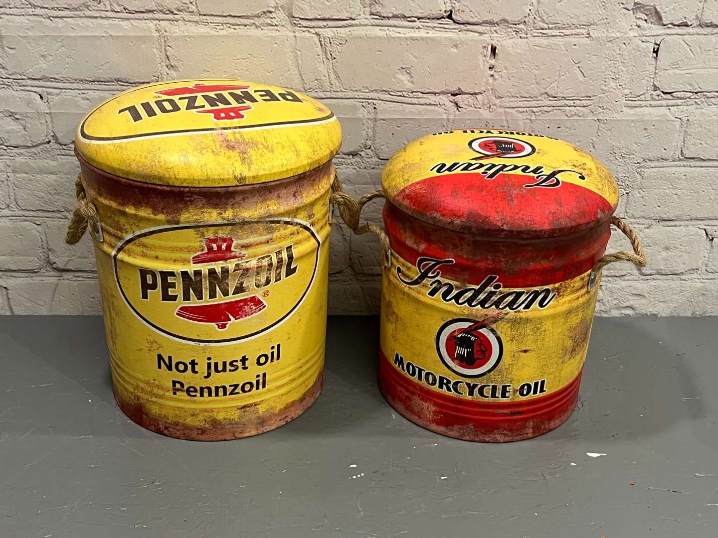 <p>Indian Motorcycles and Pennzoil Small Reproduction Stools (2)</p>