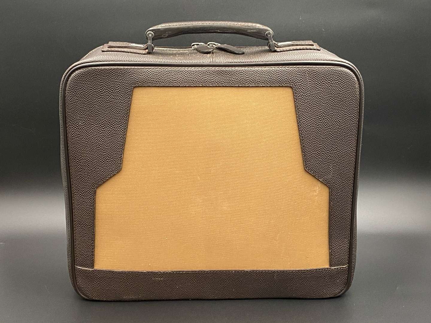 <p>DUNHILL, stitched brown leather and canvas business bag,&nbsp;</p>