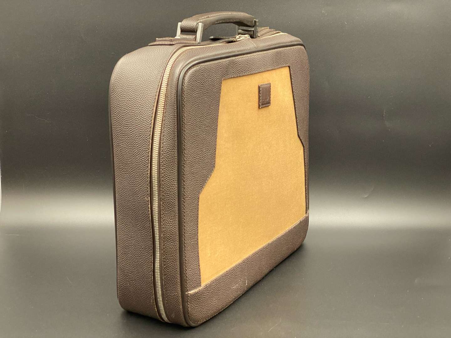 <p>DUNHILL, stitched brown leather and canvas business bag,&nbsp;</p>