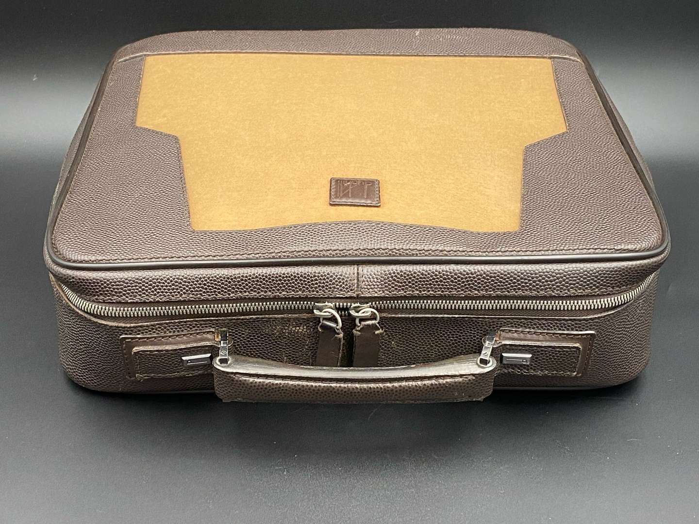 <p>DUNHILL, stitched brown leather and canvas business bag,&nbsp;</p>