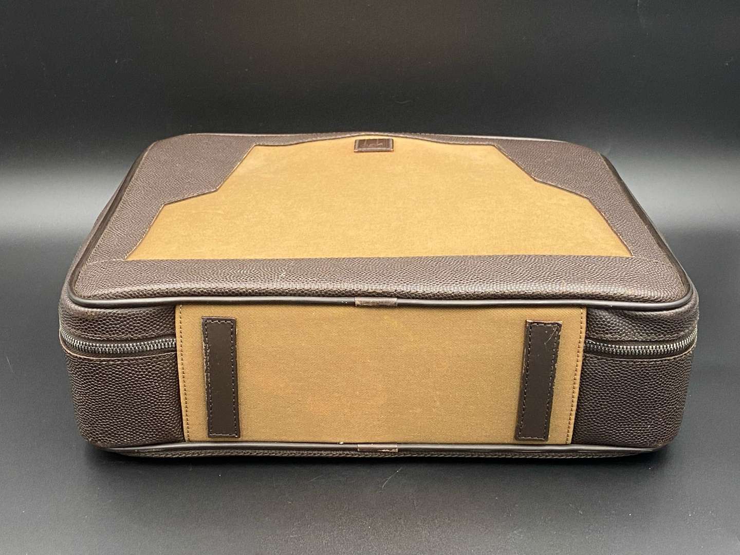 <p>DUNHILL, stitched brown leather and canvas business bag,&nbsp;</p>