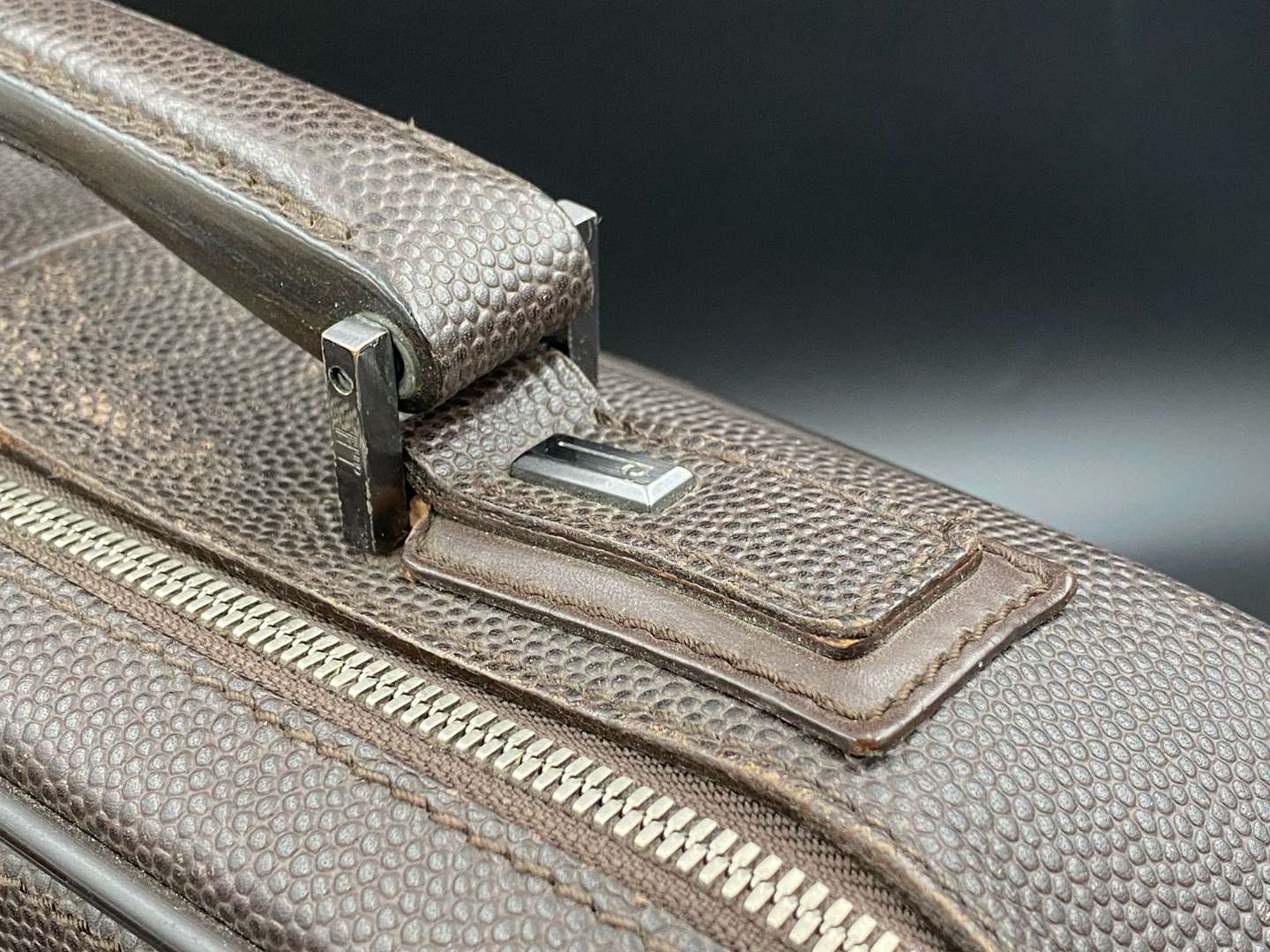 <p>DUNHILL, stitched brown leather and canvas business bag,&nbsp;</p>