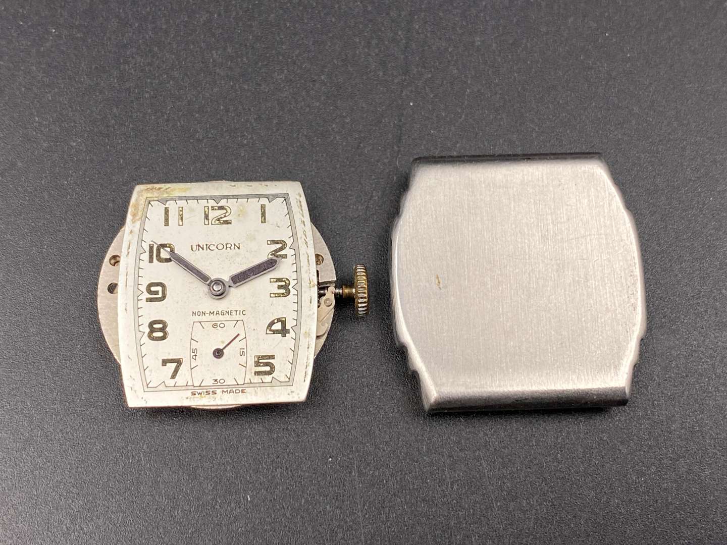 <p>UNICORN, 1940's stainless steel wristwatch,&nbsp;</p>