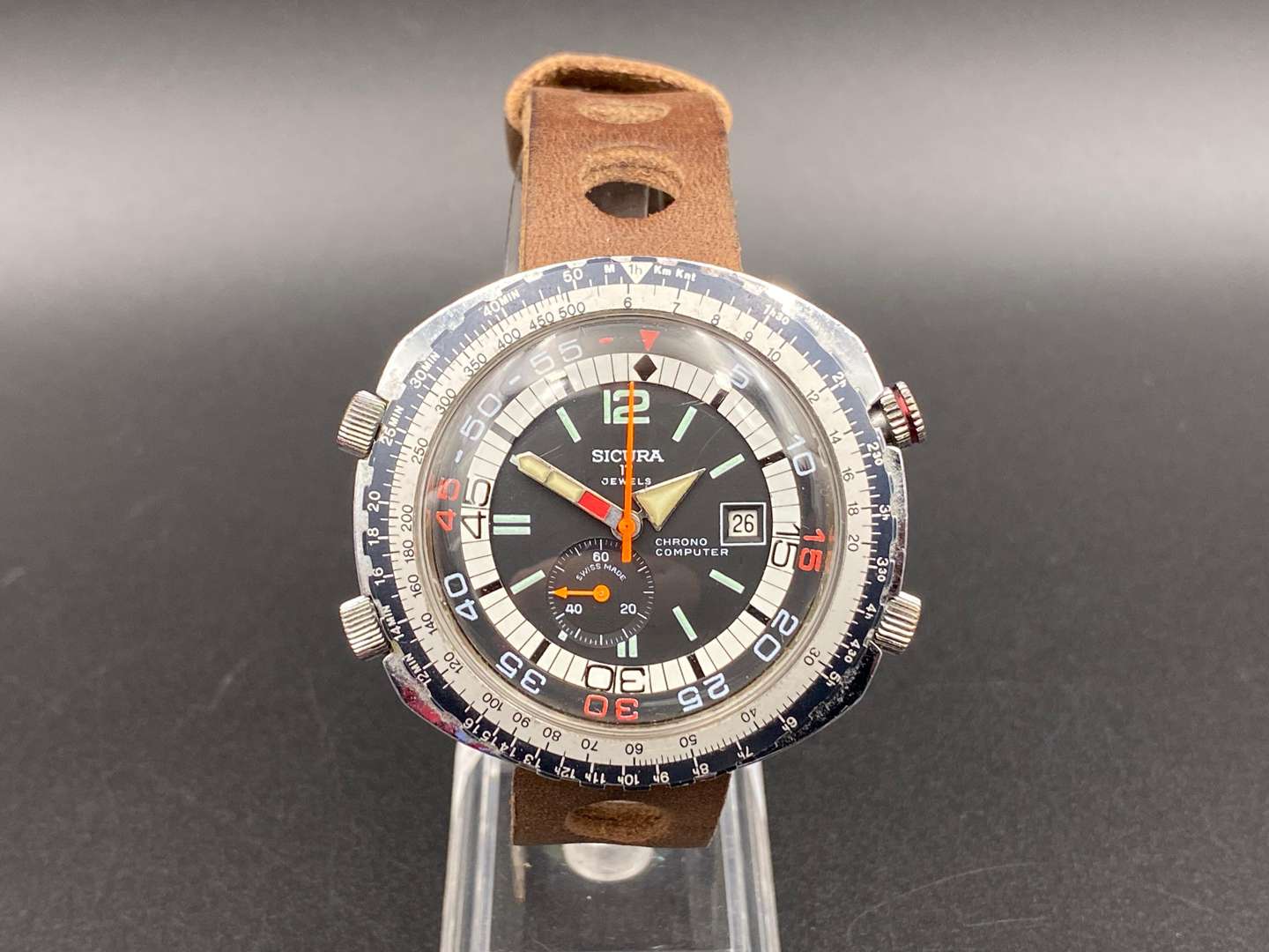 <p>SICURA, Chrono Computer, stainless steel chronograph wristwatch,</p>