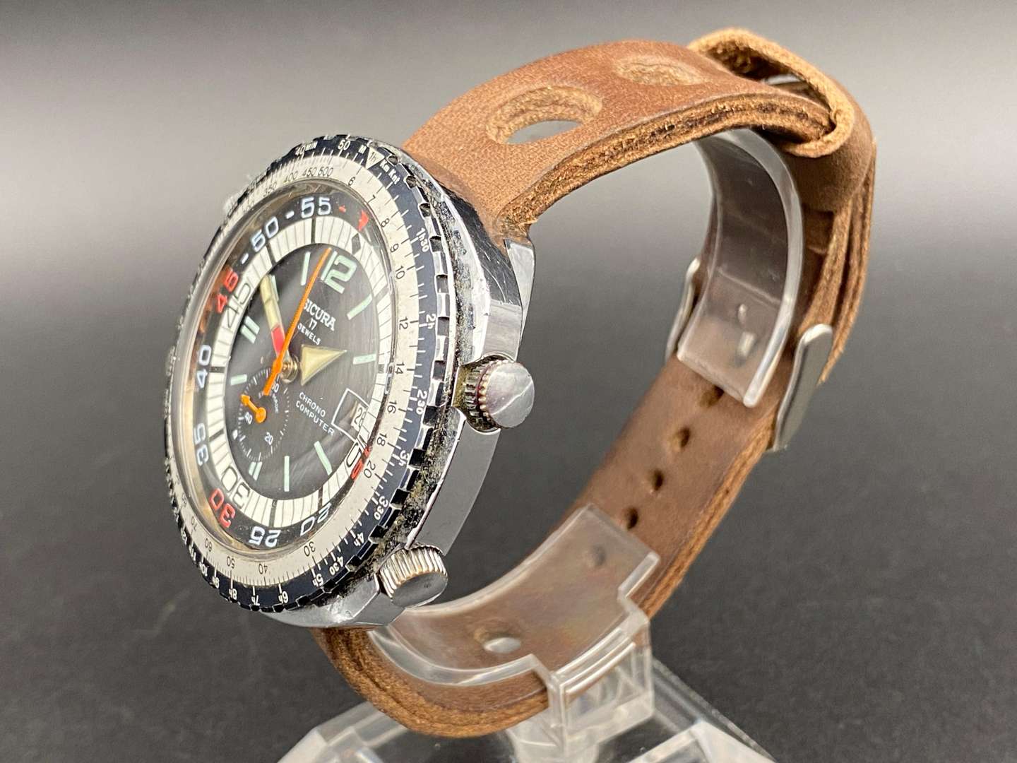 <p>SICURA, Chrono Computer, stainless steel chronograph wristwatch,</p>