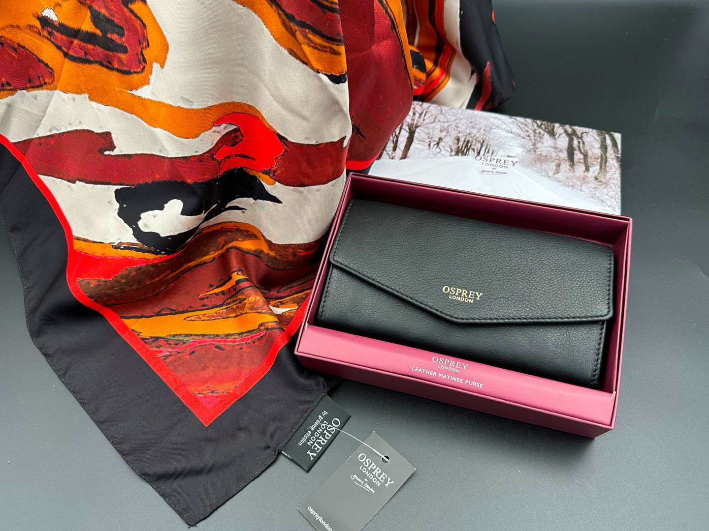 <p>OSPREY, LONDON, "Hampstead-Matinee leather purse, together with a Graeme Ellisdon Ltd Ed Silk Scarf,</p>