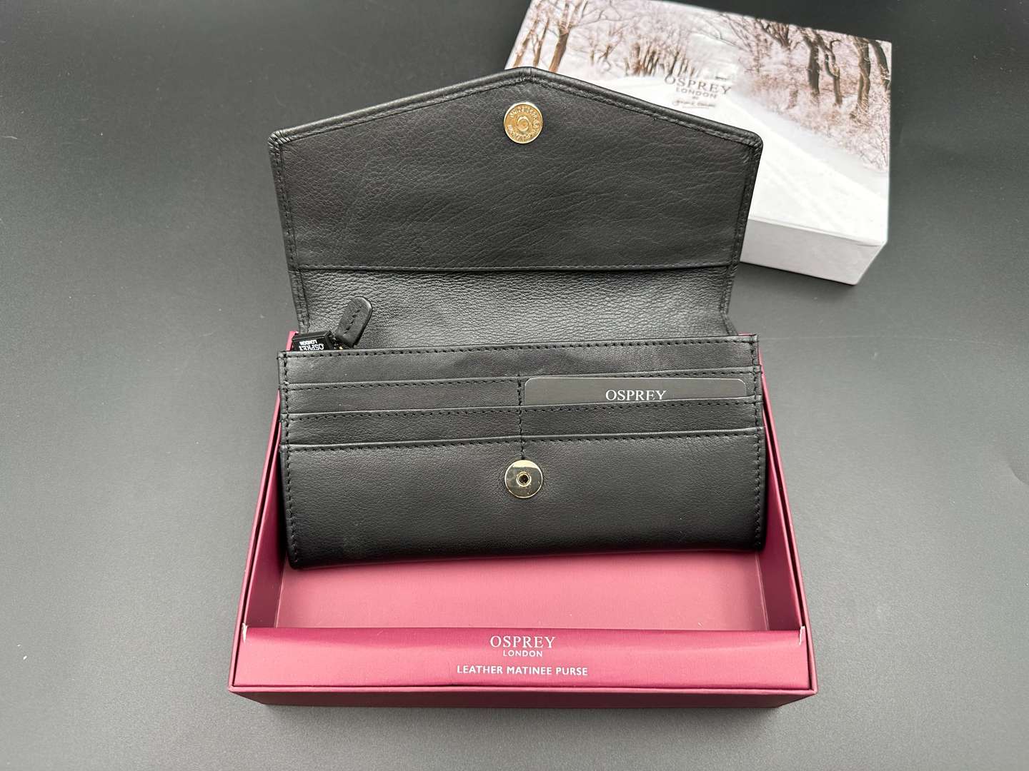 <p>OSPREY, LONDON, "Hampstead-Matinee leather purse, together with a Graeme Ellisdon Ltd Ed Silk Scarf,</p>