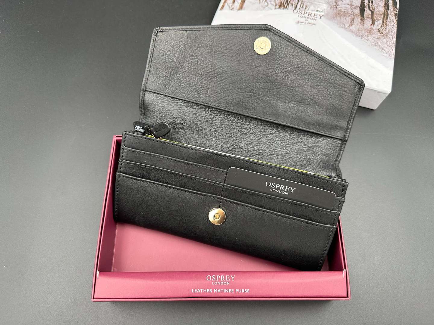 <p>OSPREY, LONDON, "Hampstead-Matinee leather purse, together with a Graeme Ellisdon Ltd Ed Silk Scarf,</p>