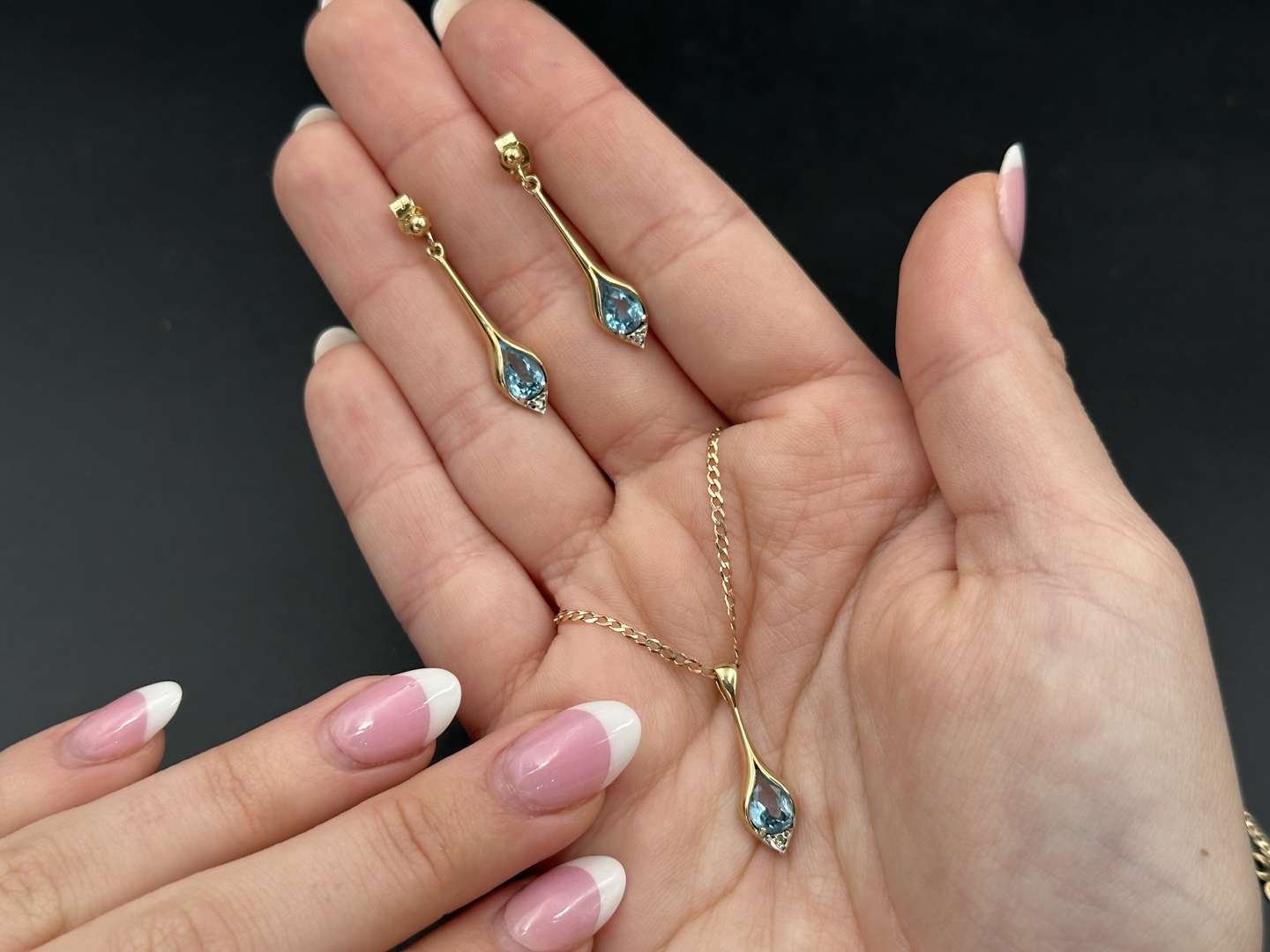 <p>Blue Topaz and Gold Drop Pendant and Earring set</p>