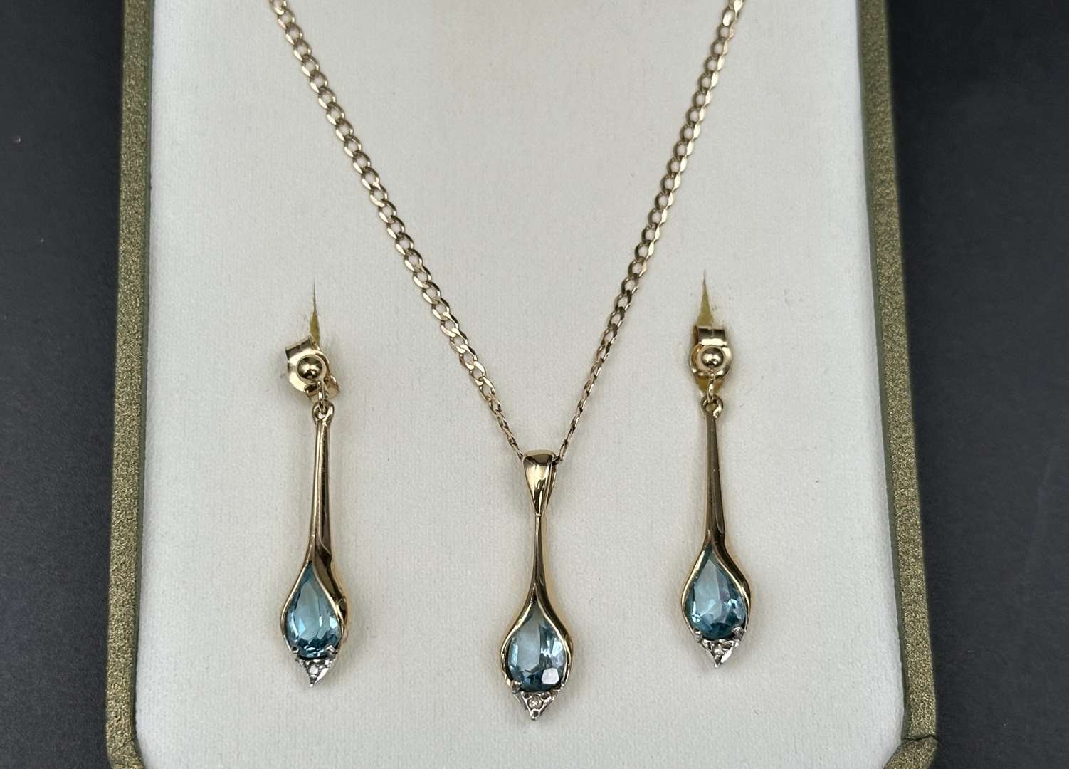 <p>Blue Topaz and Gold Drop Pendant and Earring set</p>