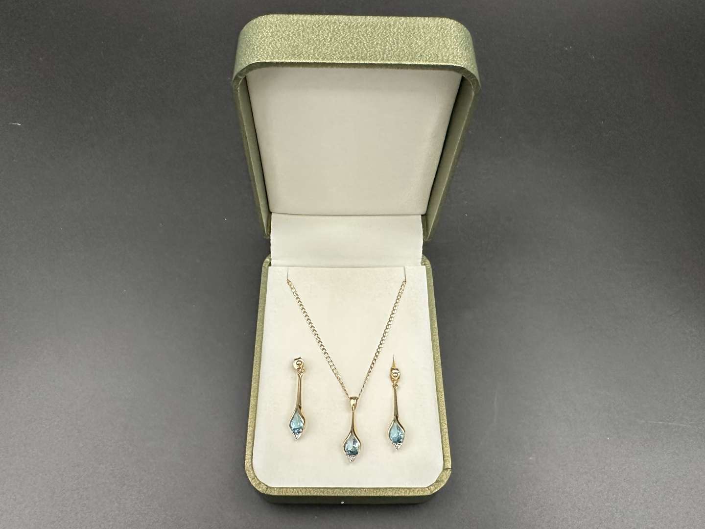 <p>Blue Topaz and Gold Drop Pendant and Earring set</p>