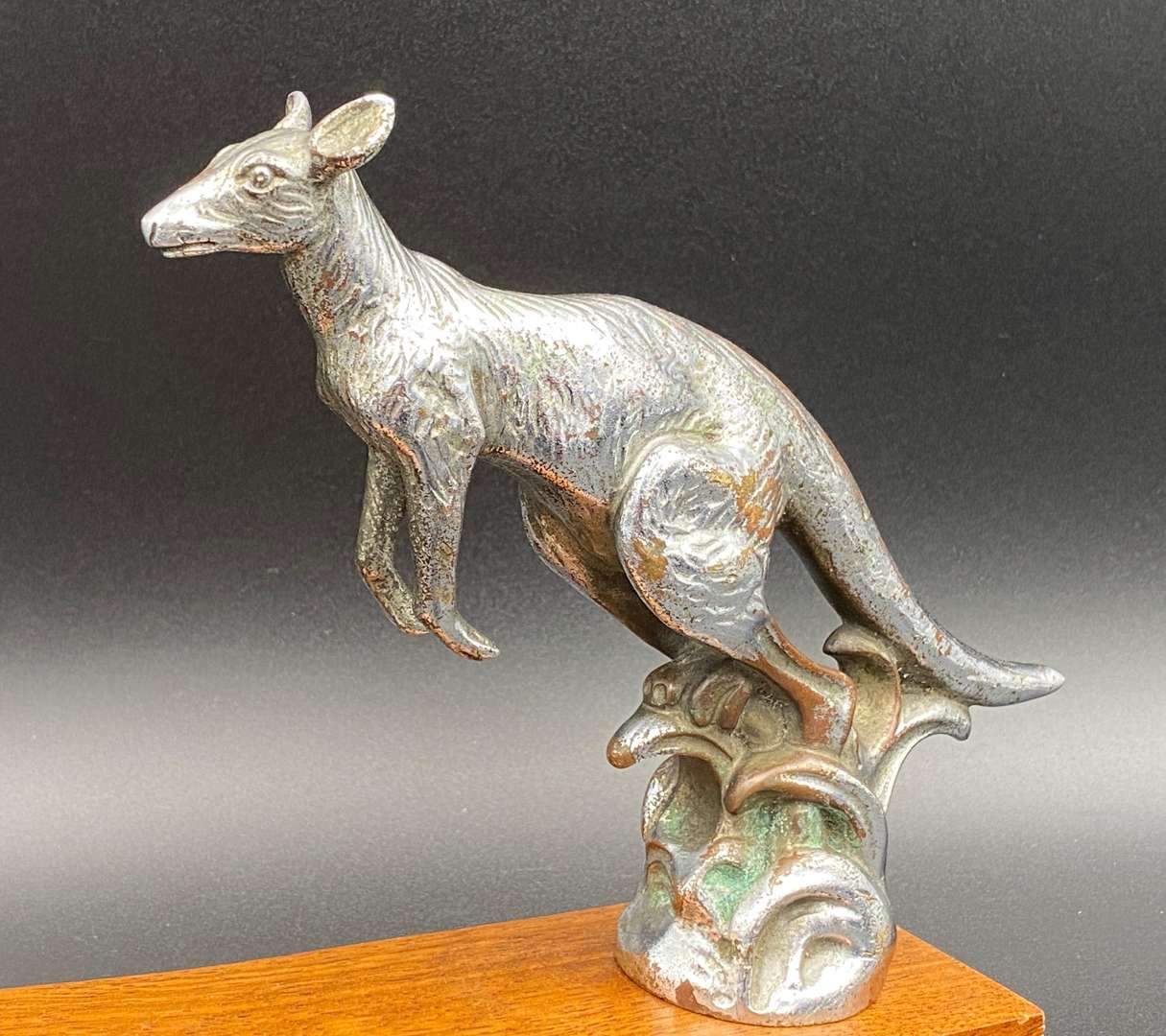 <p>A.E. Lejeune, 1920's cast and chrome plated “Kangaroo” car mascot,</p>