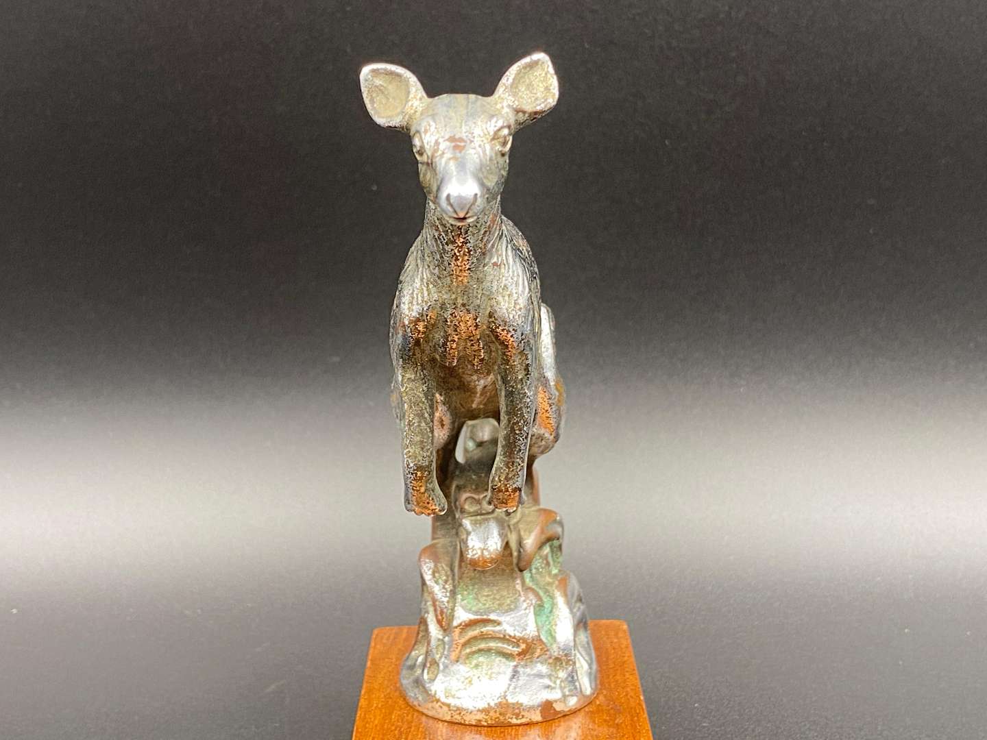 <p>A.E. Lejeune, 1920's cast and chrome plated “Kangaroo” car mascot,</p>