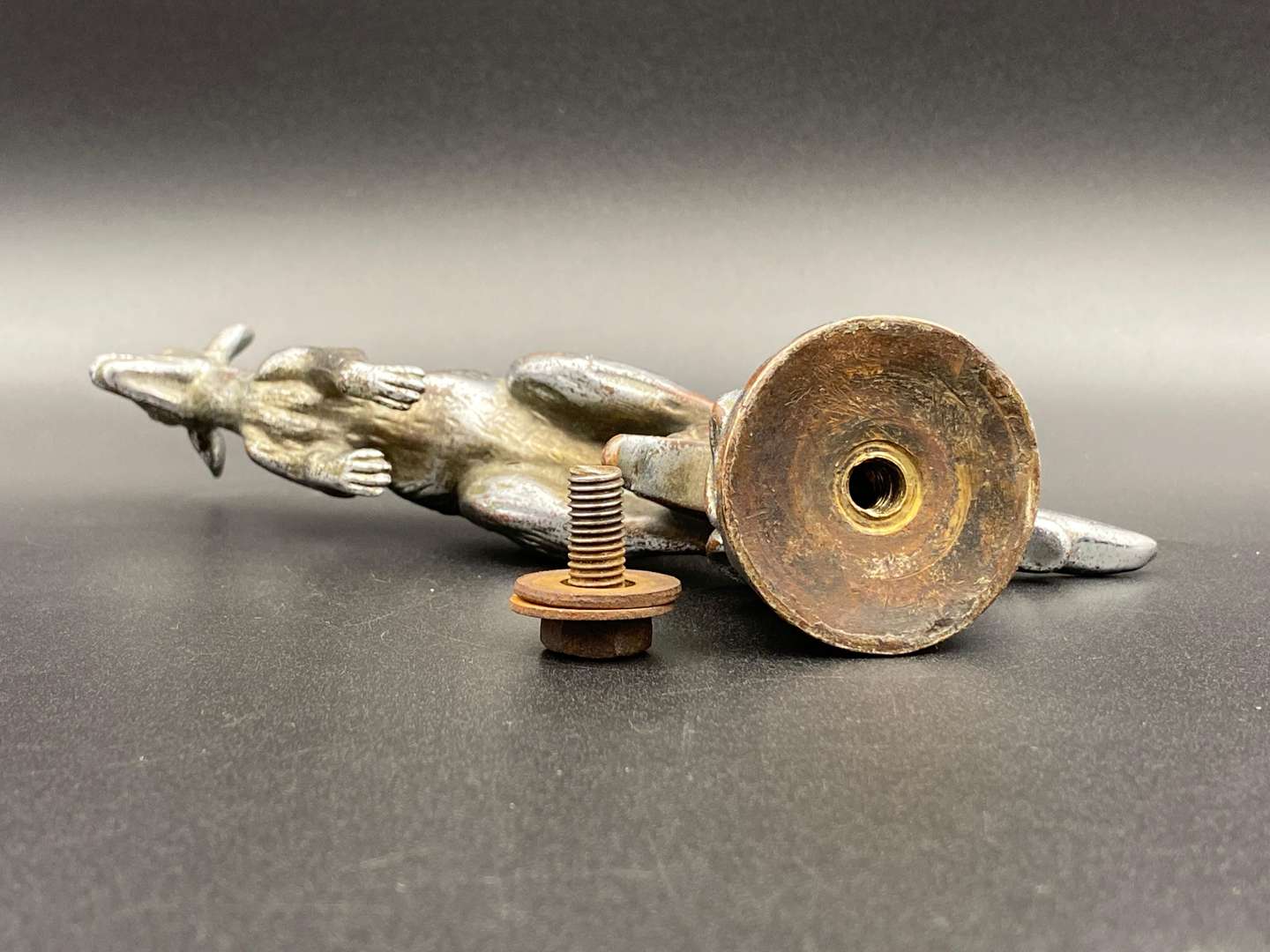 <p>A.E. Lejeune, 1920's cast and chrome plated “Kangaroo” car mascot,</p>