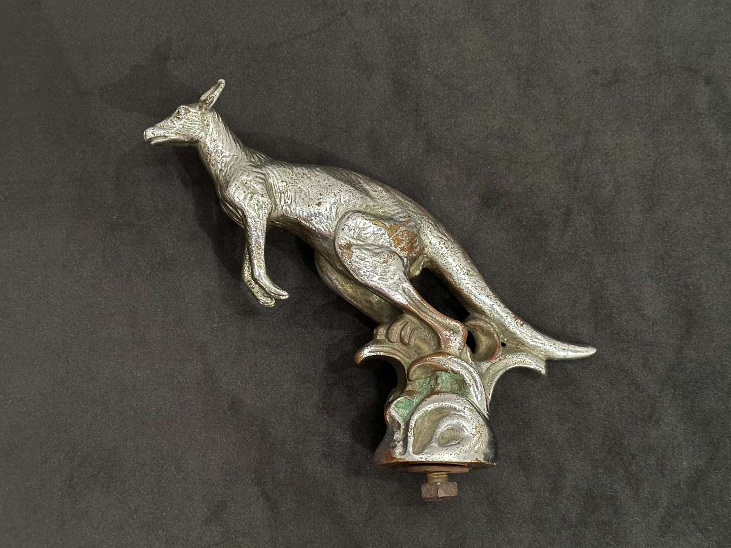 <p>A.E. Lejeune, 1920's cast and chrome plated “Kangaroo” car mascot,</p>